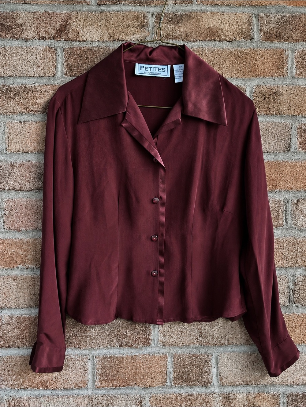 BRECHER’S BROOK Vintage 100% Silk Burgundy Blouse Pointed Collar Petite S
